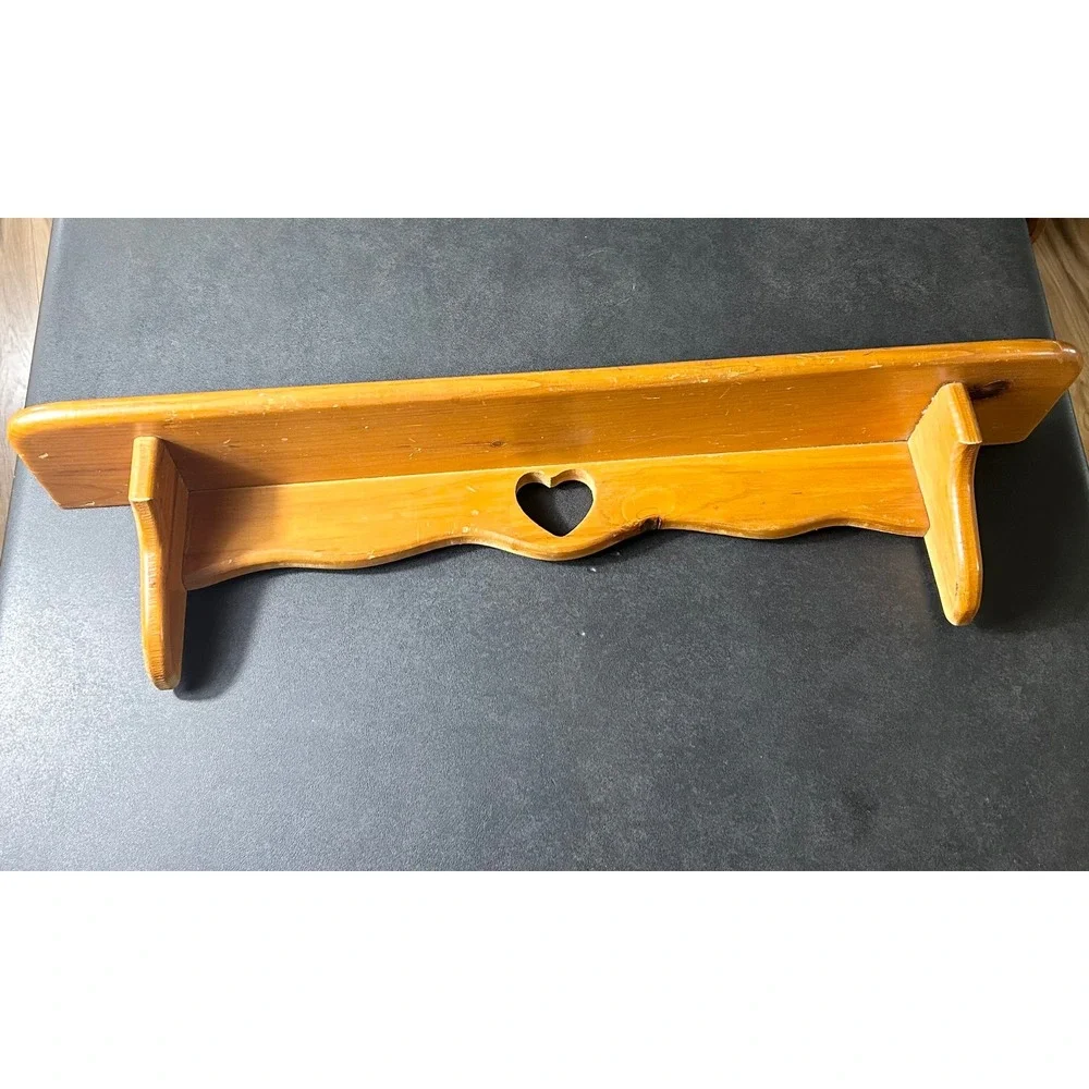 VTG Wooden Wall Shelf Brown Heart Cutout Plate Groove Farmhouse Rustic Cottage